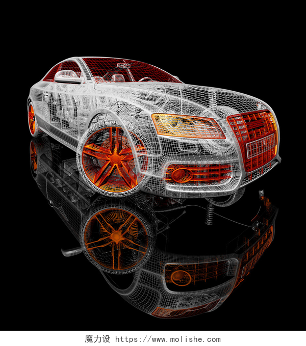 一个3d打印的汽车模型车在一个黑色的背景上的 3d 模型.